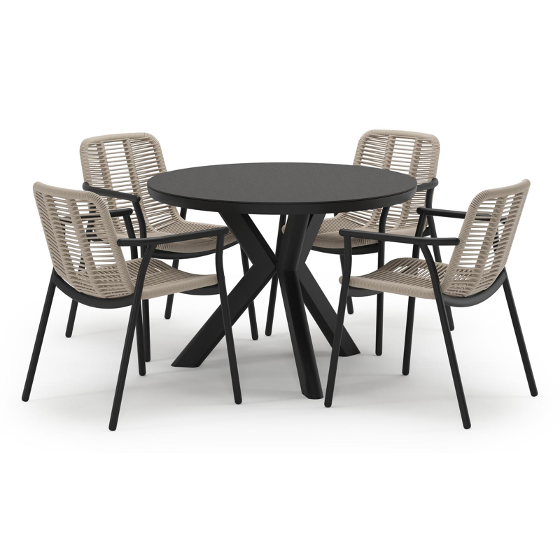 Pamplona tuinset in zwart aluminium en notte minerale sintered stone met 4 stapelbare Berga tuinstoelen