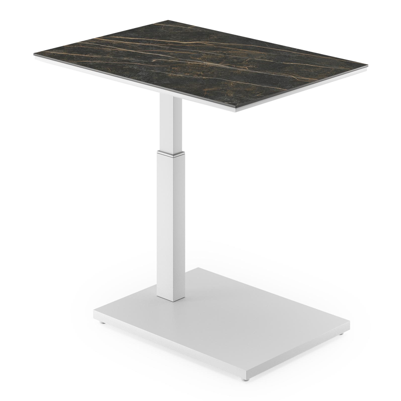 Table d'appoint pop-up Cirello rectangulaire en aluminium blanc et céramique pleine Black Obsession - Lg. 70 x Lrg. 50 x Haut. 44 cm