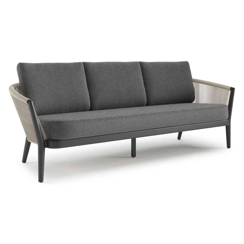 Canapé de jardin Orso en aluminium noir en corde ronde tissée verticalement beige et coussins en all weather cosytica Catania Black
