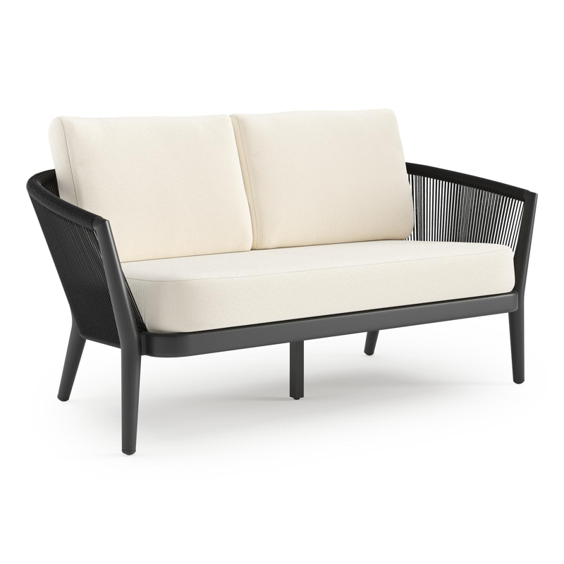 Orso loungebank in zwart aluminium en zwart verticaal geweven ronde rope met Natte White all weather sunbrella® luxe kussen