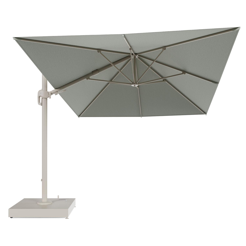 Rufina zweefparasol met tiltfunctie in beige aluminium en Slow Spirea All Weather Sunbrella® Luxe parasoldoek - L1 400 x L2 300 cm met parasolvoet Minore 260 kg met wielen