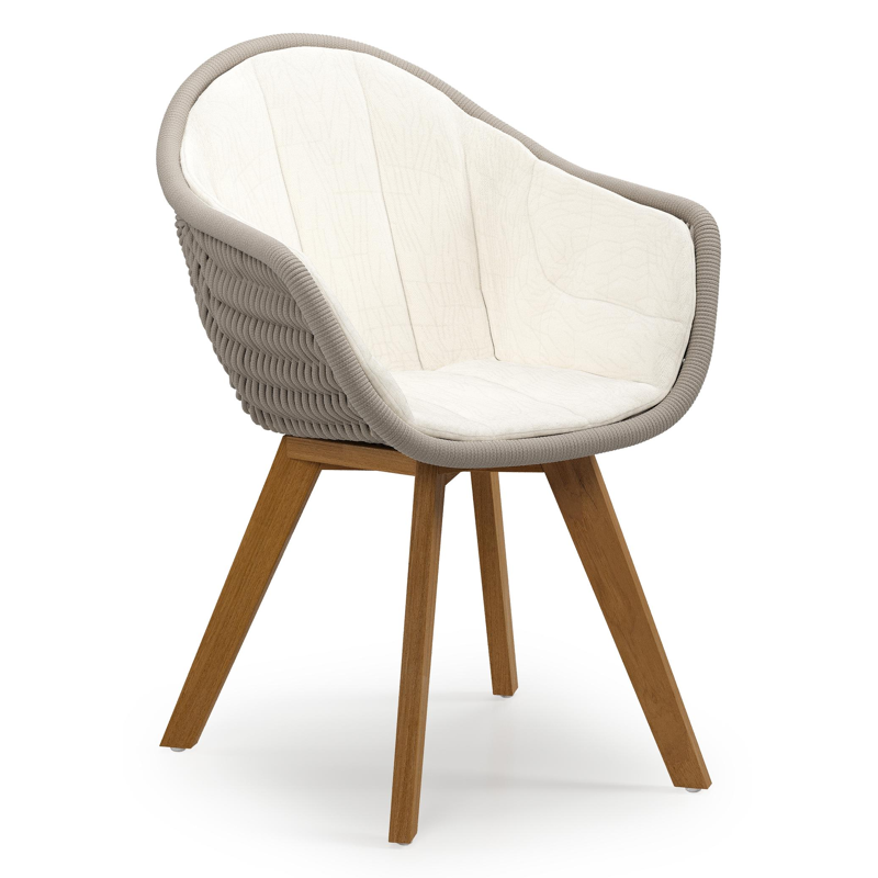 Pagino tuinstoel in teak en beige verticaal geweven ronde rope met zitkussen in All Weather Sunbrella® Luxe Natte White