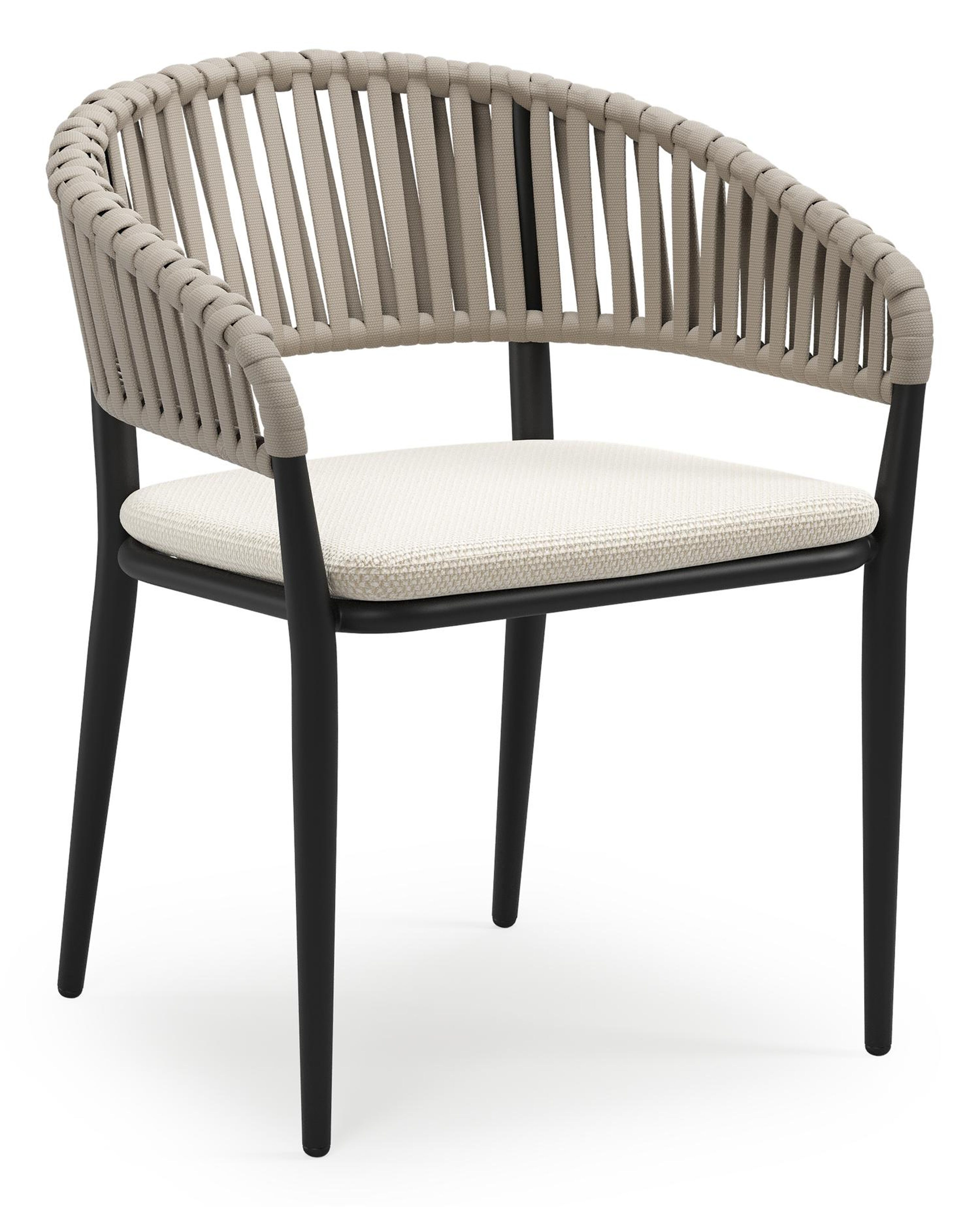 Tolfa stapelbare tuinstoel in zwart aluminium en beige verticaal geweven luxe vlakke brede rope met stoelkussen in All Weather Cosytica Althea Off White
