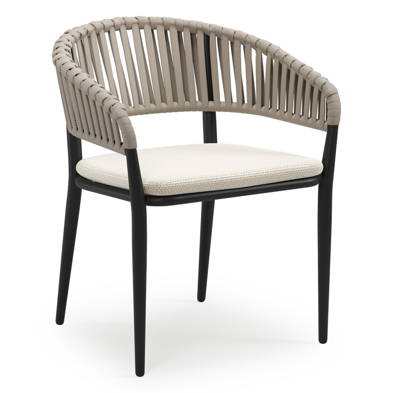 Tolfa stapelbare tuinstoel in zwart aluminium en beige verticaal geweven luxe vlakke brede rope met stoelkussen in All Weather Cosytica Althea Off White