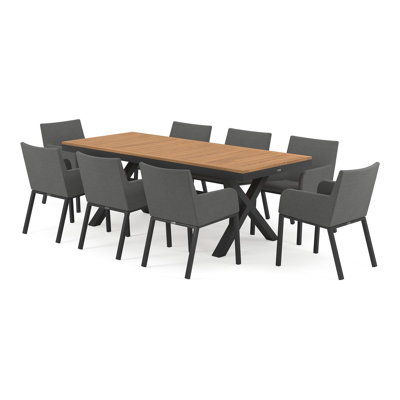 Reza tuinset in zwart aluminium en naturel teak tafelblad met 8 Rivo tuinstoelen