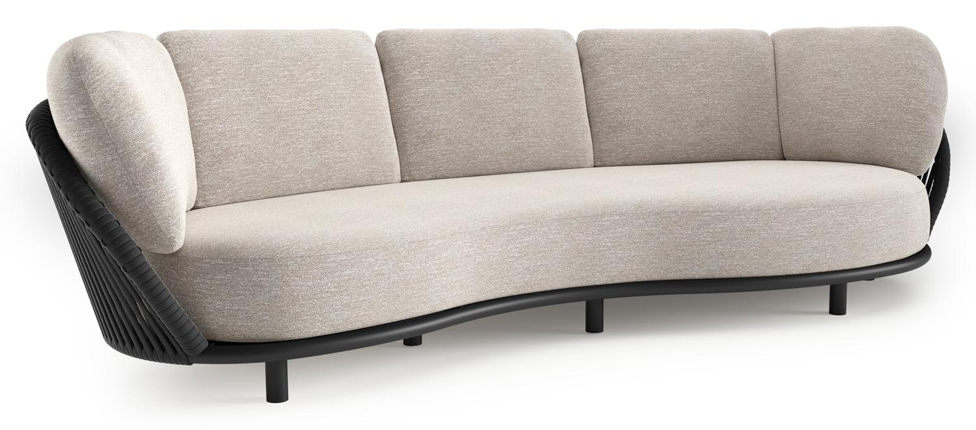 Canapé de jardin Lupino en aluminium noir et corde large plate de luxe tissée verticalement noir et coussins en all weather sunbrella® luxe tundra sand