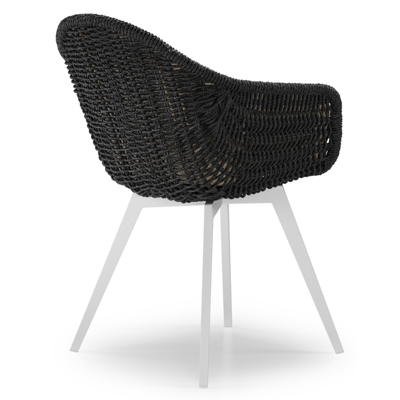 Chaise de jardin Pagino en aluminium blanc et résine tressée ronde noir avec coussin en All Weather Cosytica Bora Desert