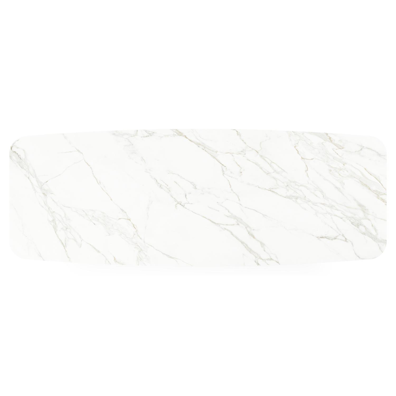 Table de jardin Pagino forme de bateau en aluminium noir et céramique pleine Calacatta - Lg. 315 x Lrg. 115 x Haut. 73 cm