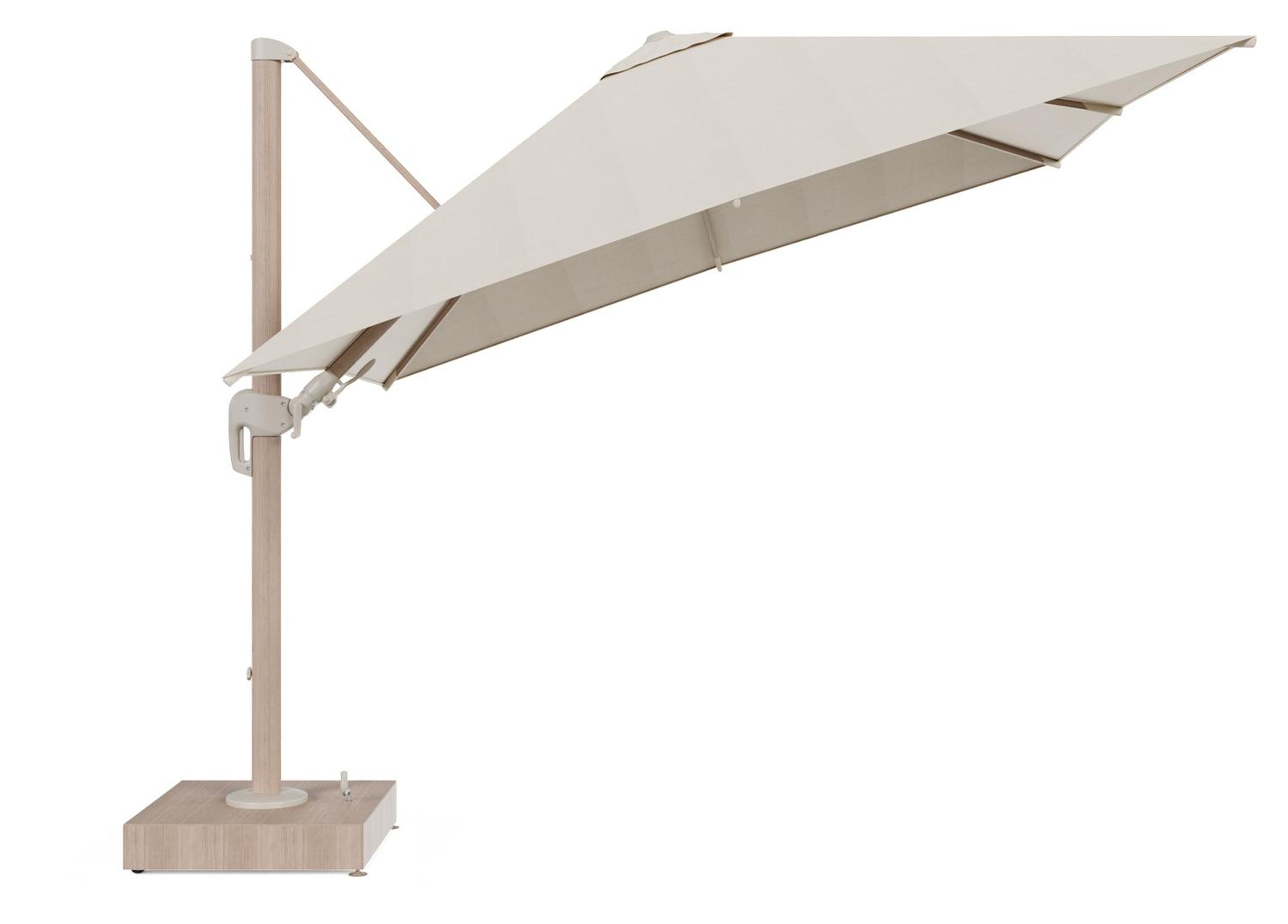 Rufina zweefparasol met tiltfunctie in houtlook aluminium en beige All Weather Sunbrella® Premium parasoldoek - L1 300 x L2 300 cm met parasolvoet Minore 150 kg met wielen