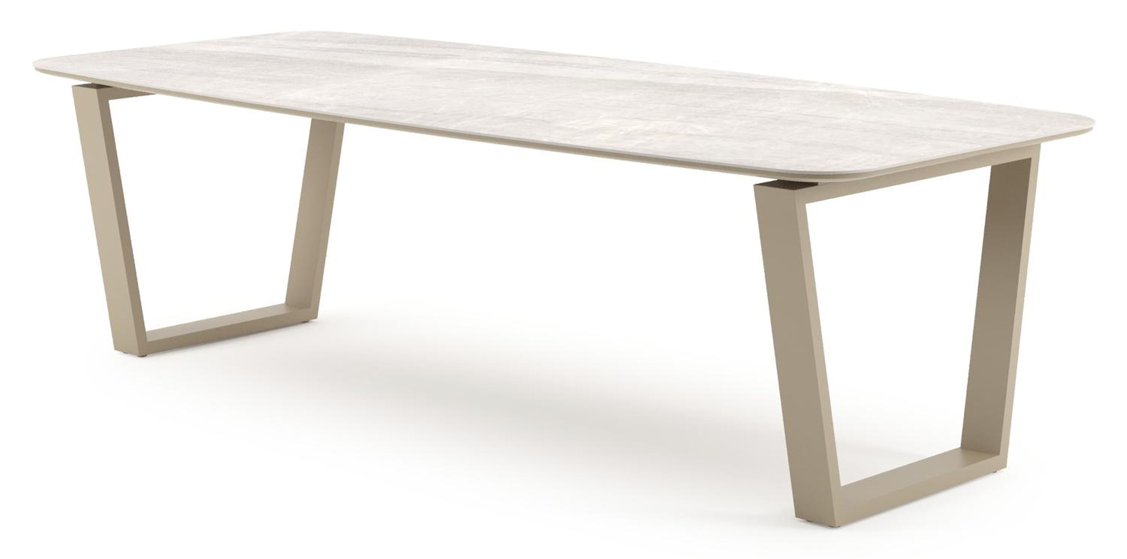 Table de jardin Pagino forme de bateau en aluminium beige et céramique pleine Taj Mahal - Lg. 255 x Lrg. 115 x Haut. 73 cm