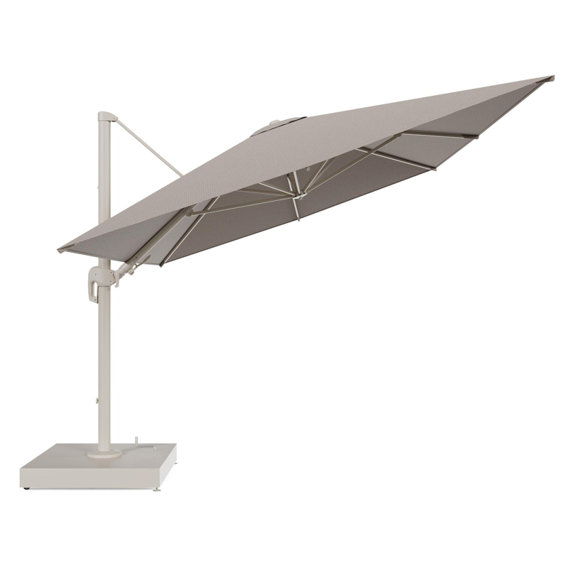 Rufina zweefparasol met tiltfunctie in beige aluminium en Firenze Earth All Weather Solica parasoldoek - L1 400 x L2 300 cm met parasolvoet Minore 260 kg met wielen