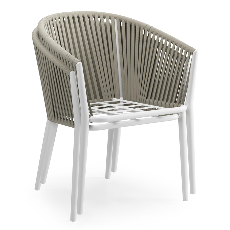 Chaise de jardin Orso in aluminium blanc et corde tissée verticalement beige avec coussin en lopi marble all weather sunbrella® luxe
