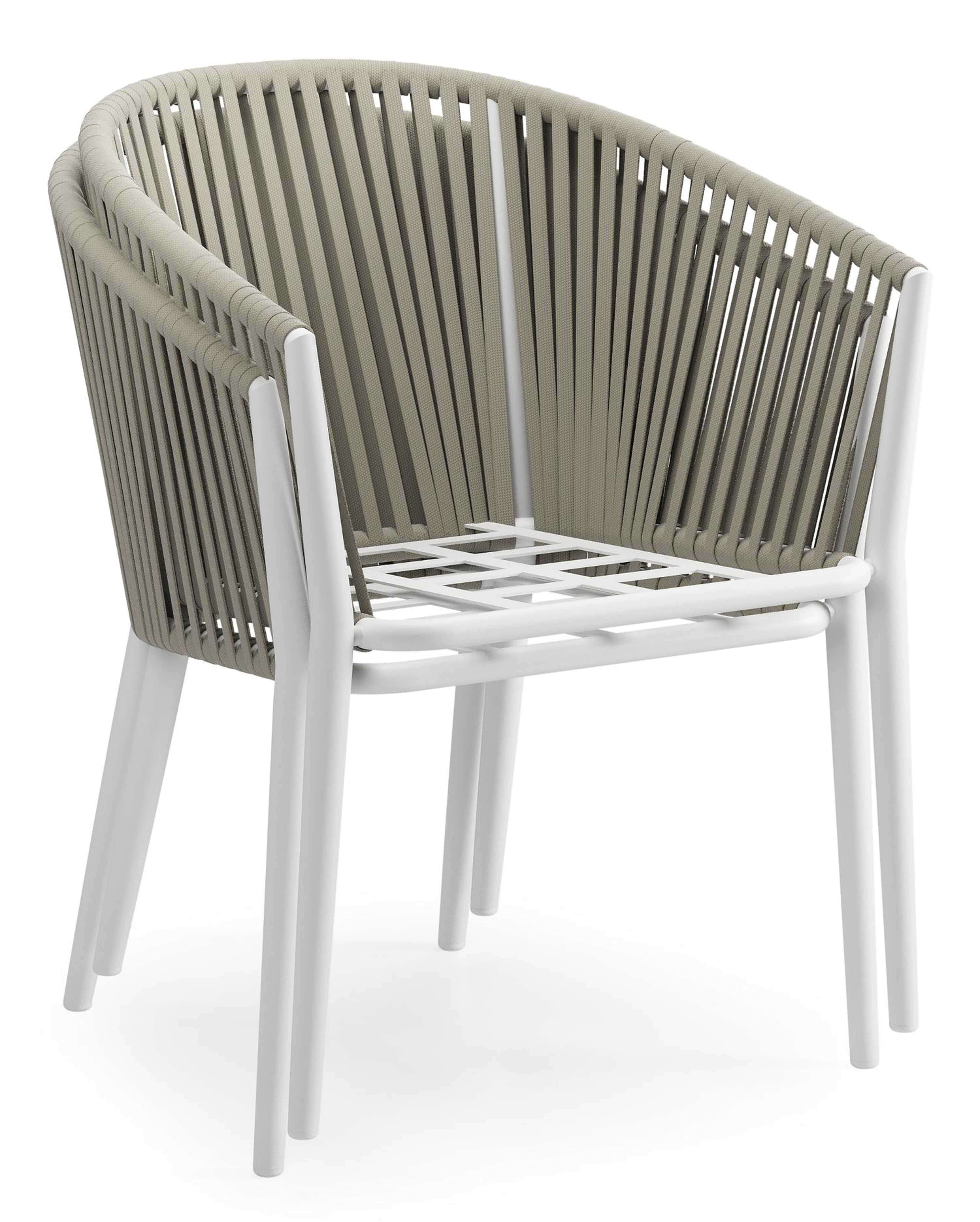 Orso tuinstoel in wit aluminium en beige verticaal geweven rope met kussen in lopi marble all weather sunbrella® luxe