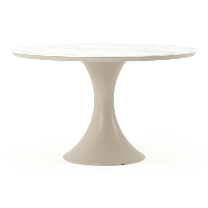 Table de jardin Fano ronde en aluminium beige et céramique pleine Calacatta - Diam. 130 x Haut. 75 cm