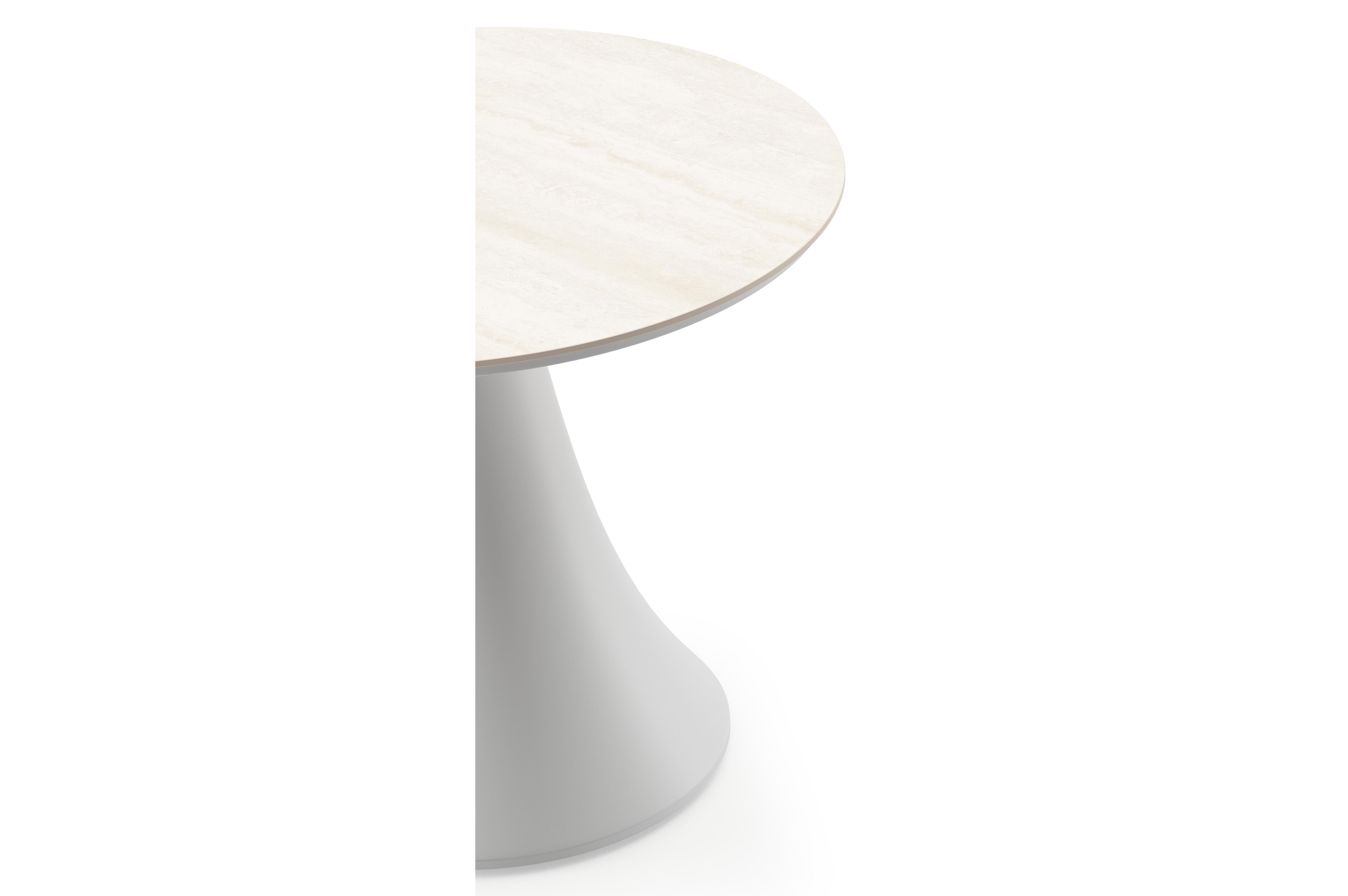 Table de basse low dining Fano ronde en aluminium blanc et céramique pleine Travertino Bianco - Diam. 65 x Haut. 55 cm