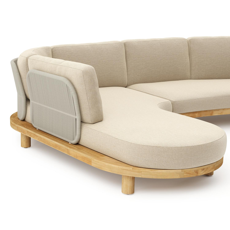 Donato loungehoek in teak en beige verticaal geweven ronde rope met all weather cosytica Althea Camel kussen