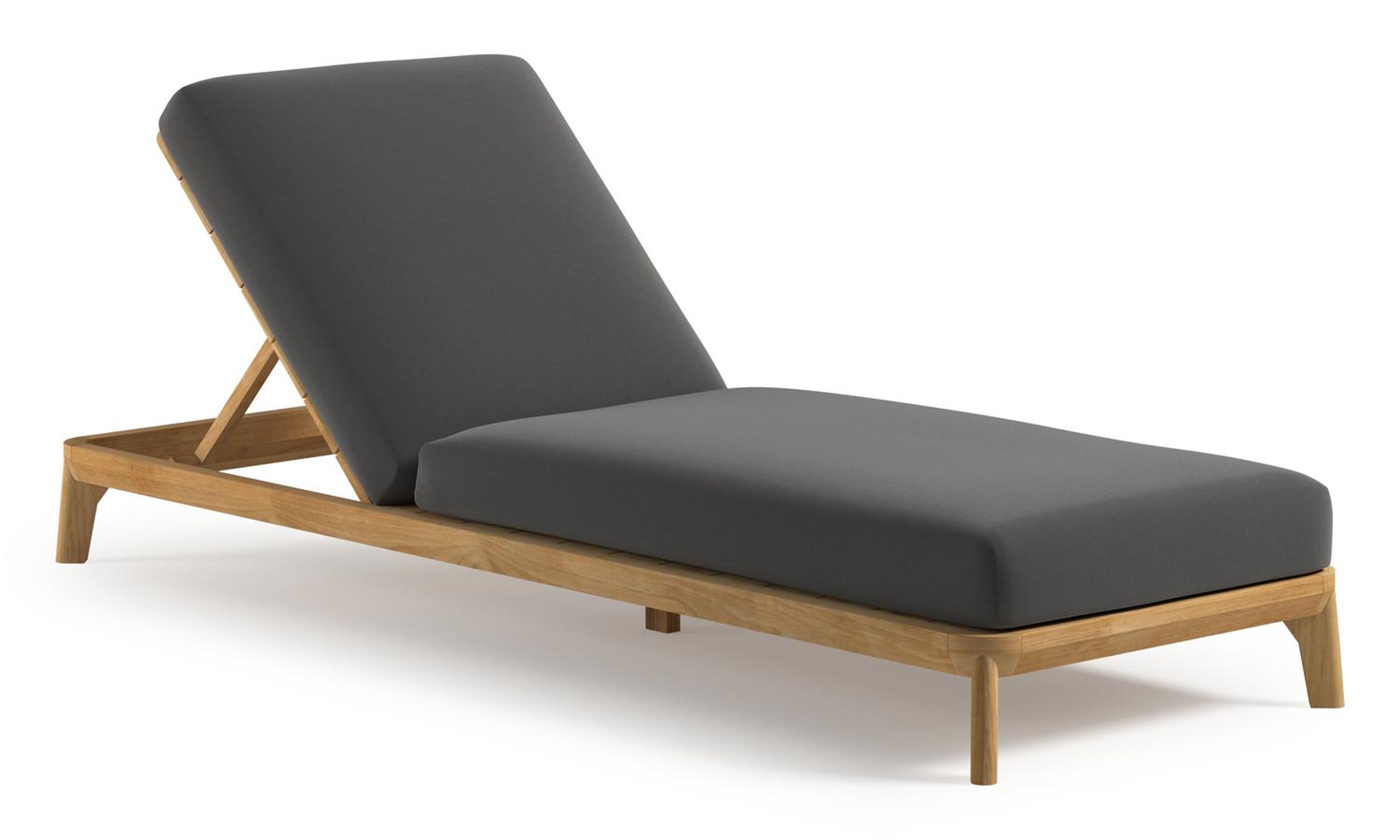 Chaise longue réglable Orso en teck natural et coussin en all weather Sunbrella® luxe natte charcoal chine