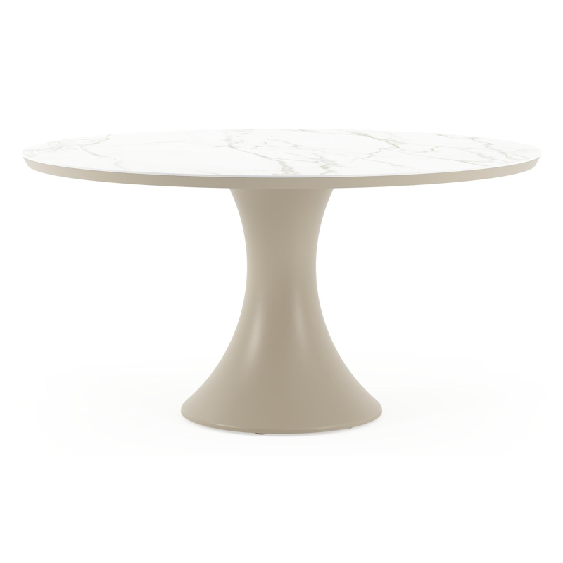 Table de jardin Fano ronde en aluminium beige et céramique pleine Calacatta - Diam. 148 x Haut. 75 cm