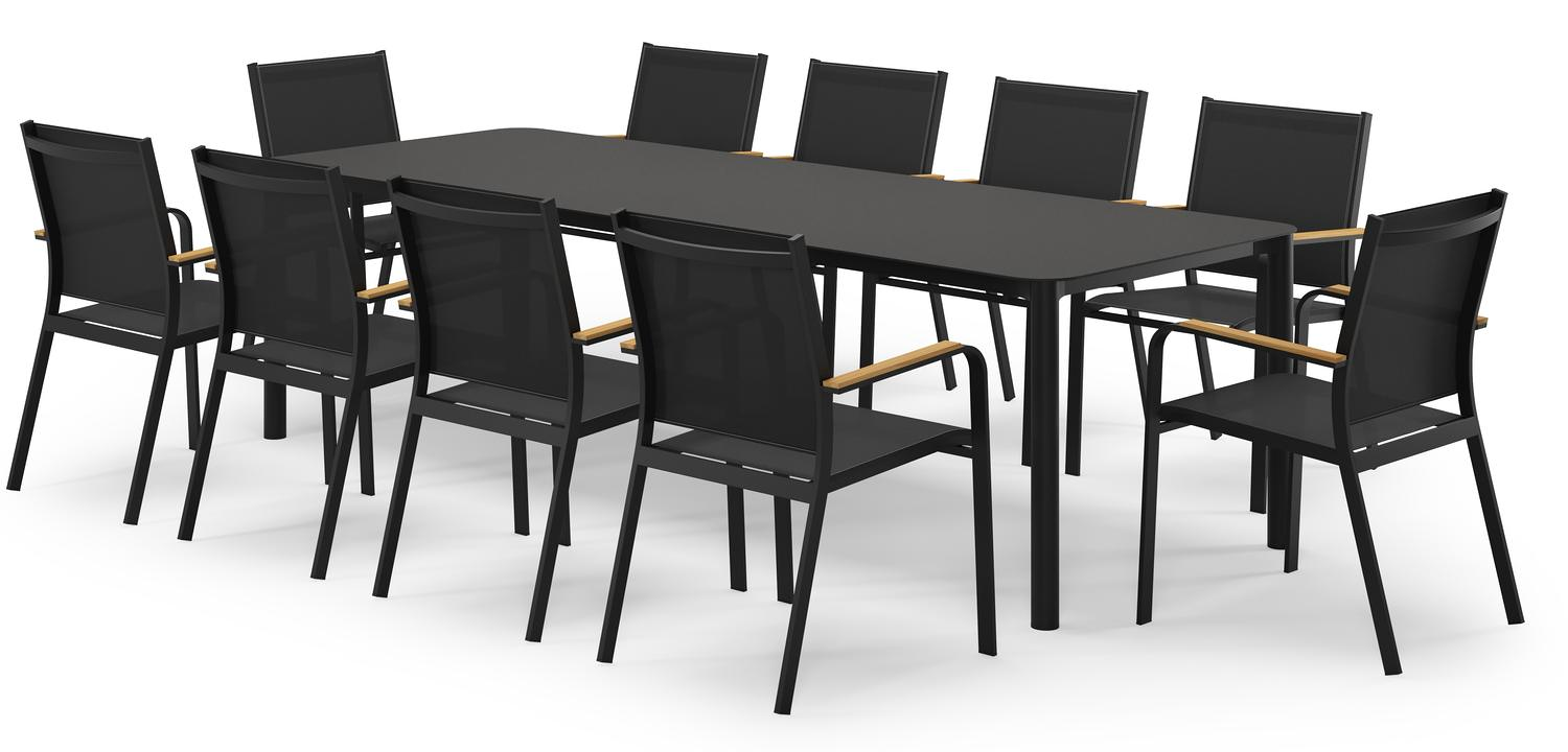 Mira rechthoekige afgeronde tuinset in zwart aluminium en sintered stone notte minerale met 10 Amalfi tuinstoelen