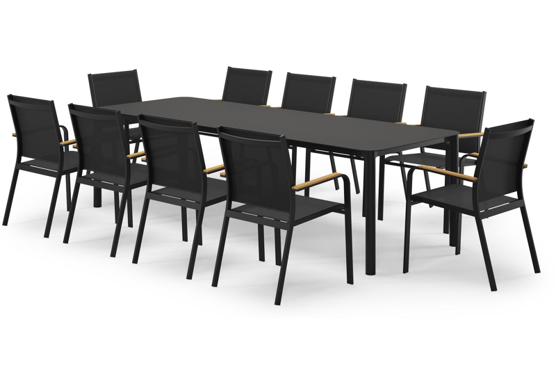 Mira rechthoekige afgeronde tuinset in zwart aluminium en sintered stone notte minerale met 10 Amalfi tuinstoelen