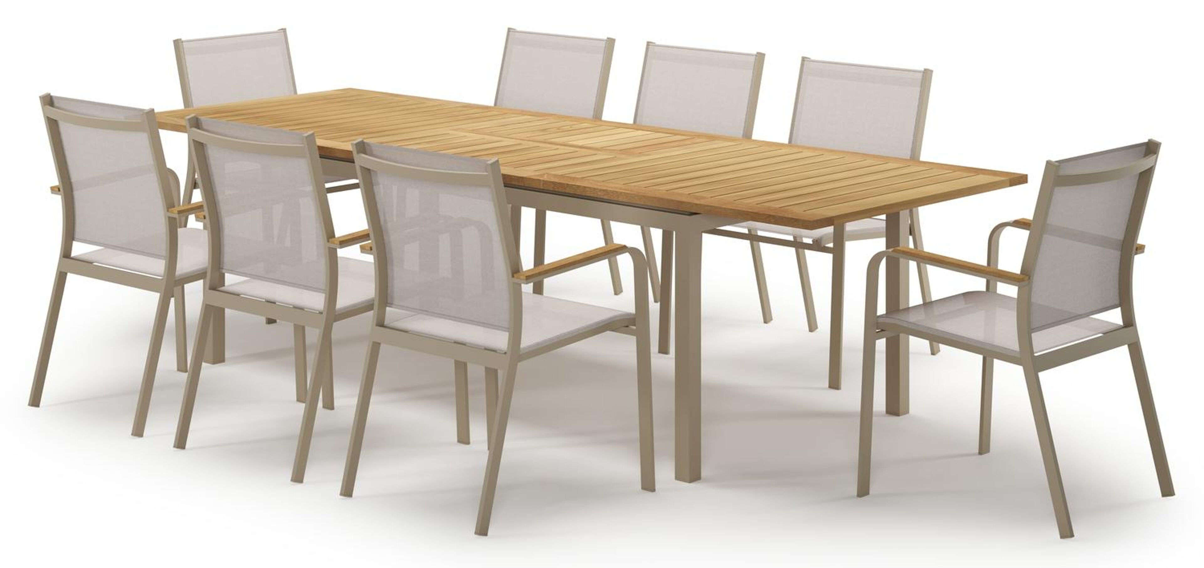 Ensemble de jardin Amalfi extensible rectangulaire en aluminium beige et teck avec 8 chaises de jardin Amalfi