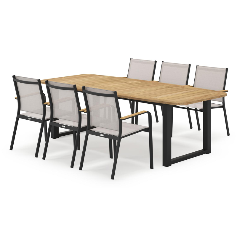 Livo bootvormige tuinset in zwart aluminium en teak natural finish met 6 Amalfi tuinstoelen