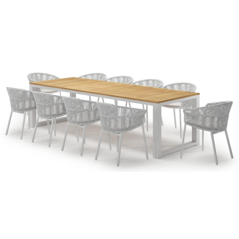 Livo tuinset in wit aluminium en teak met 10 Matera tuinstoelen