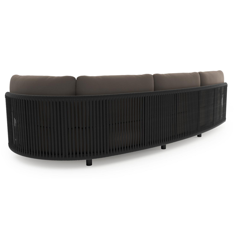 Lomano loungebank in zwart aluminium en zwart verticaal geweven luxe vlakke rope met natte nature grey all weather sunbrella® luxe kussen