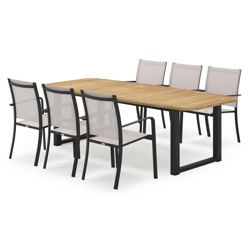 Livo bootvormige tuinset in zwart aluminium en teak natural finish met 6 Calobra tuinstoelen