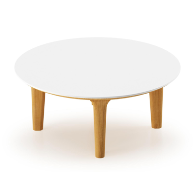 Table de basse Bomero ronde en teck et céramique pleine Arctic White - Diam. 85 x Haut. 25 cm