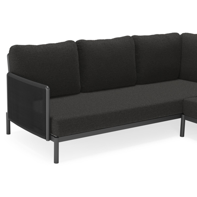 Amarante loungehoek in zwart aluminium en verticaal geweven ronde rope met zwart weather+ softtouch kussens