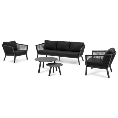 Cordoba loungeset in zwart aluminium en verticaal geweven rope met zwart weather+ softtouch kussens en loungetafel