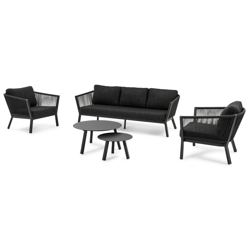 Cordoba loungeset in zwart aluminium en verticaal geweven rope met zwart weather+ softtouch kussens en loungetafel