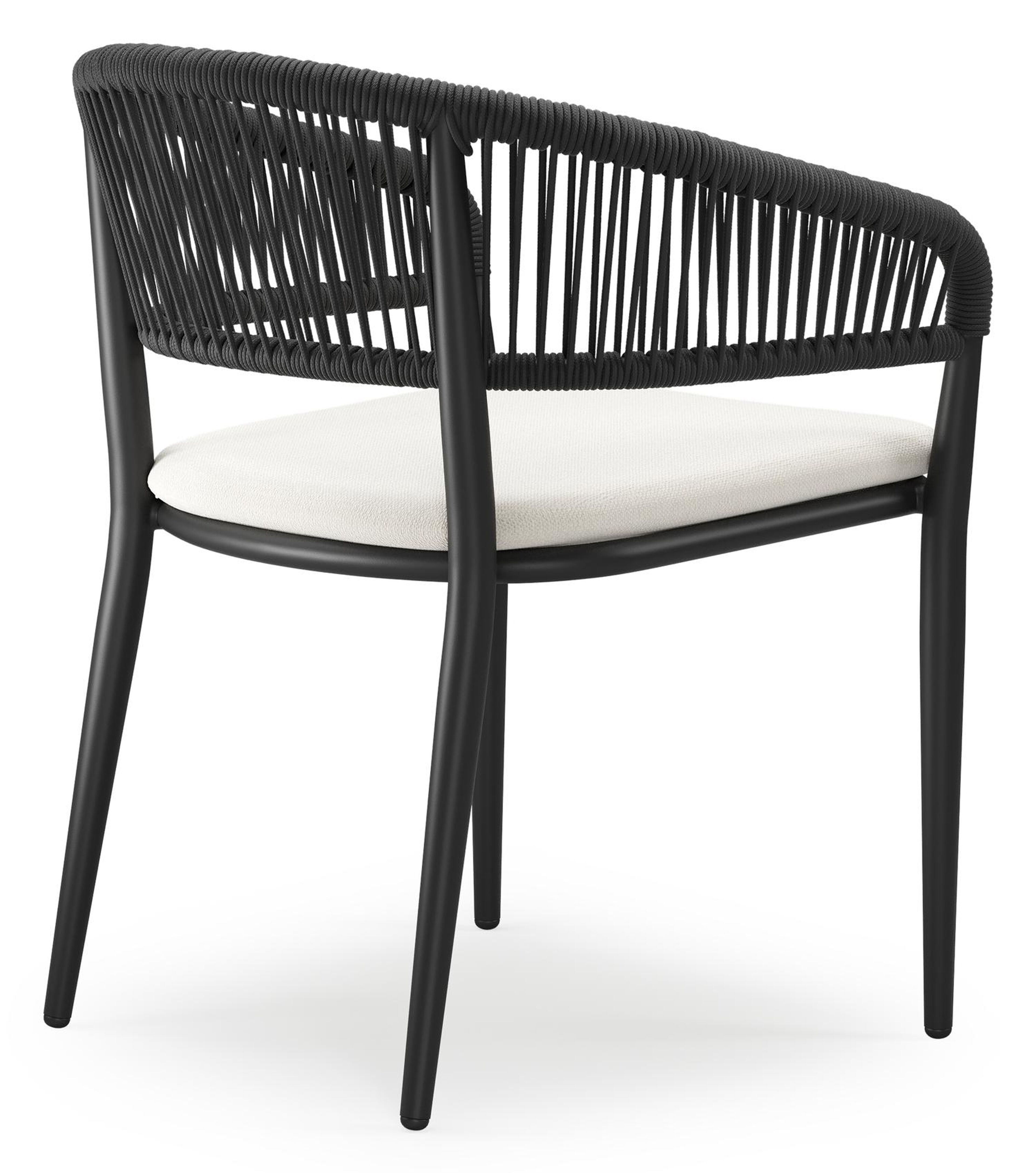 Tolfa stapelbare tuinstoel in zwart aluminium en zwart verticaal geweven ronde rope met stoelkussen in All Weather Sunbrella® Luxe Savane White