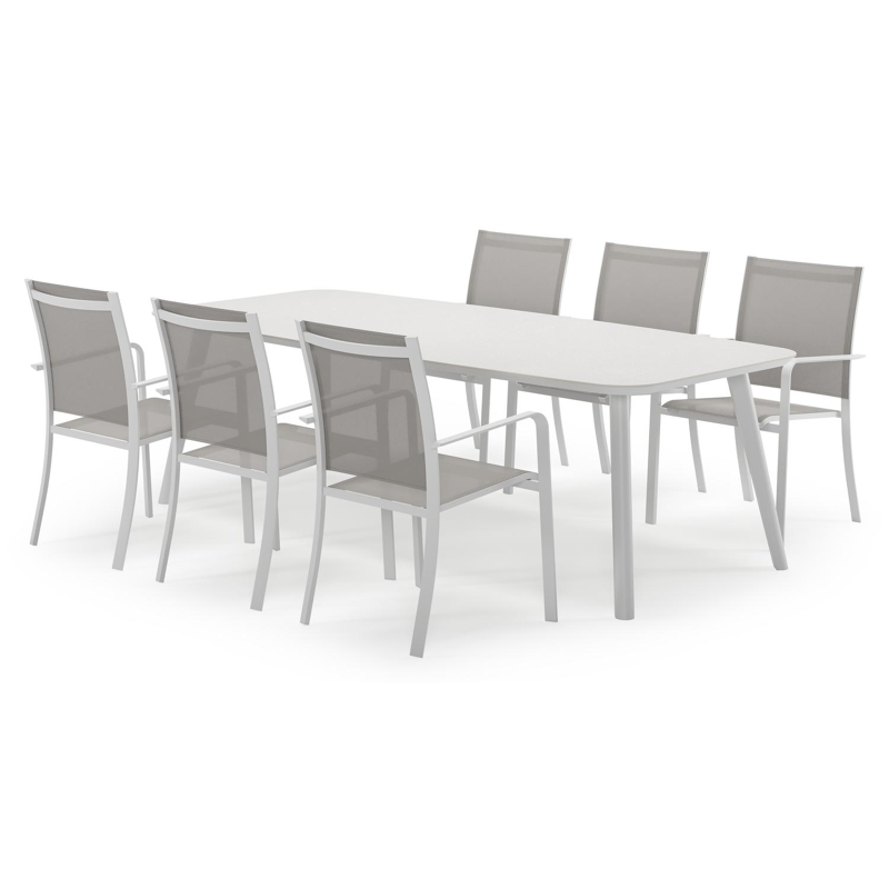 Mosa bootvormige tuinset in wit aluminium en sintered stone topo minerale met 6 Calobra tuinstoelen