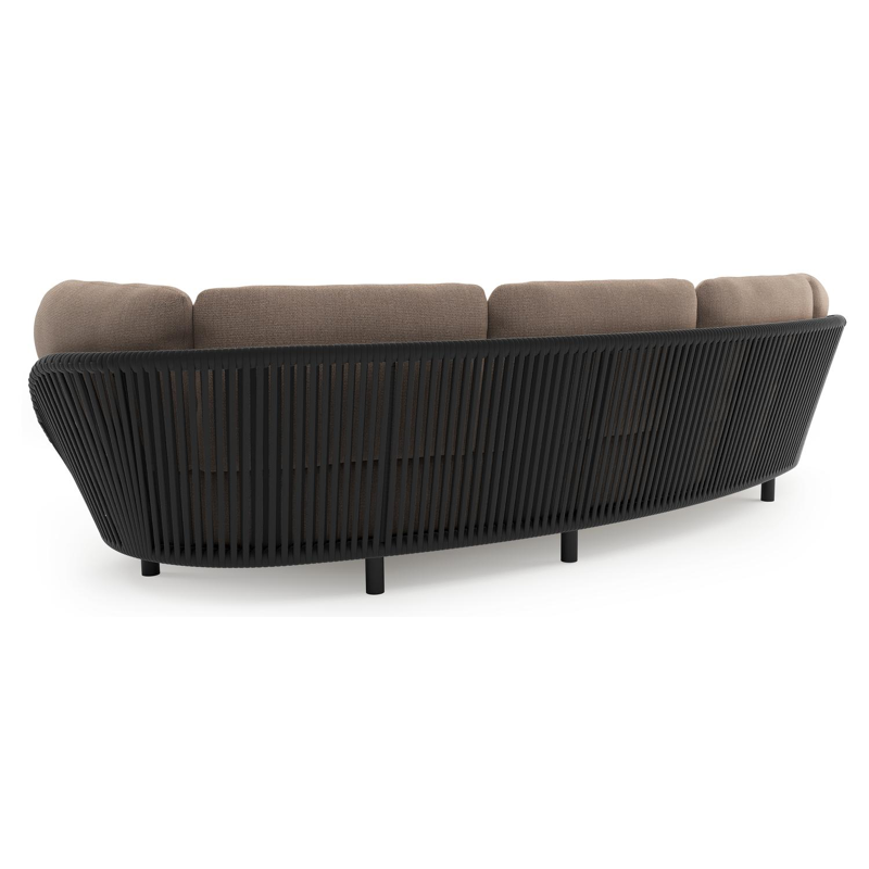 Lupino loungeset in zwart aluminium en zwart verticaal geweven luxe vlakke brede rope met savane earth all weather sunbrella® luxe kussen