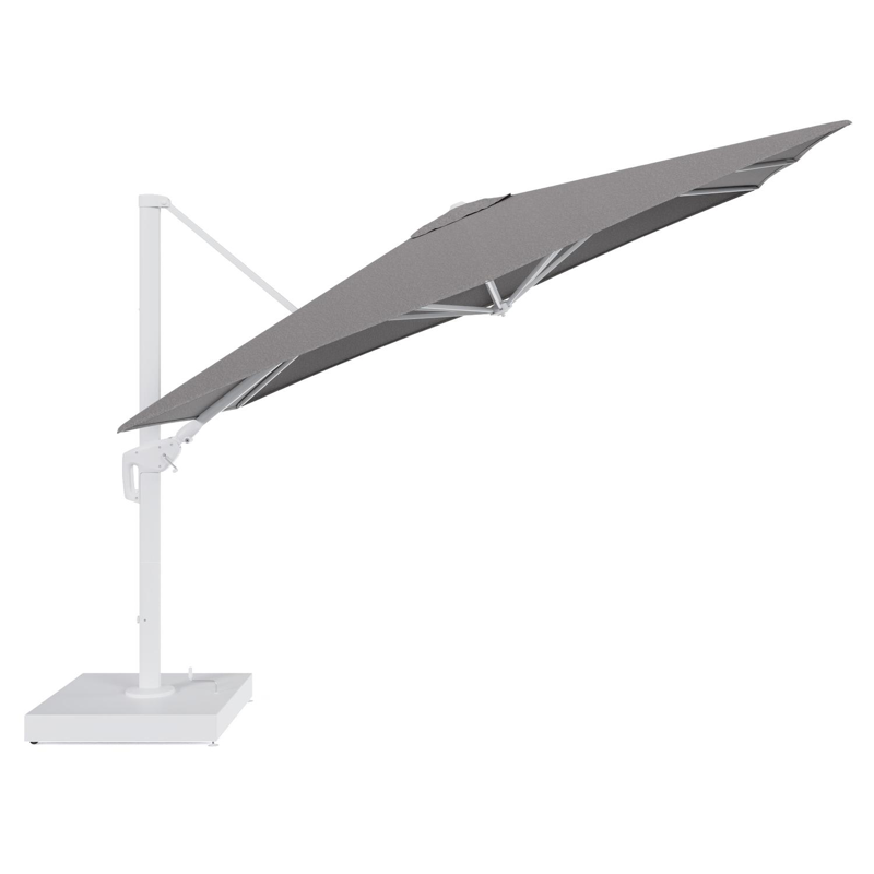 Minore zweefparasol met tiltfunctie in wit aluminium en Chartres Drizzle All Weather Sunbrella® Luxe parasoldoek - L1 280 x L2: 370 cm met parasolvoet Minore 260 kg met wielen