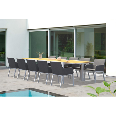 Calobra tuinset met verlengbare tafel in wit aluminium en naturel teak tafelblad met 10 Rivo tuinstoelen