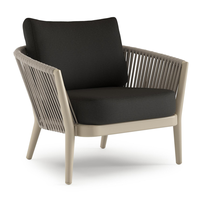 Fauteuil de jardin Orso en aluminium beige en corde ronde tissée verticalement beige et coussins en all weather sunbrella® luxe Heritage char