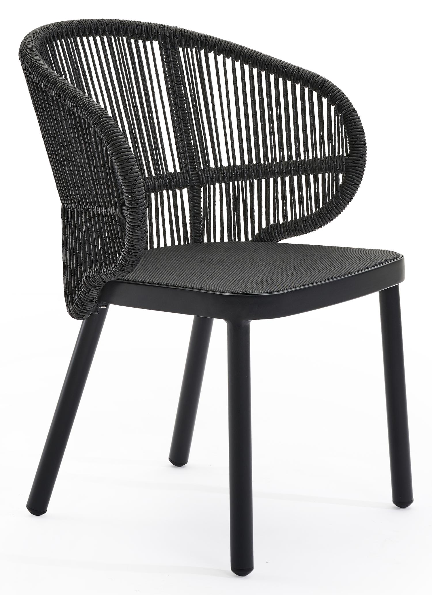 Lugano tuinstoel in zwart aluminium en zwart gedraaide ronde wicker