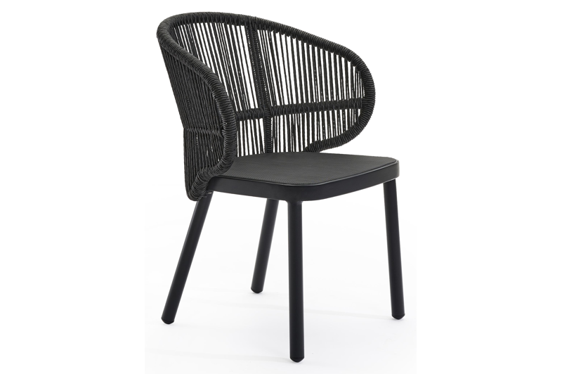 Lugano tuinstoel in zwart aluminium en zwart gedraaide ronde wicker