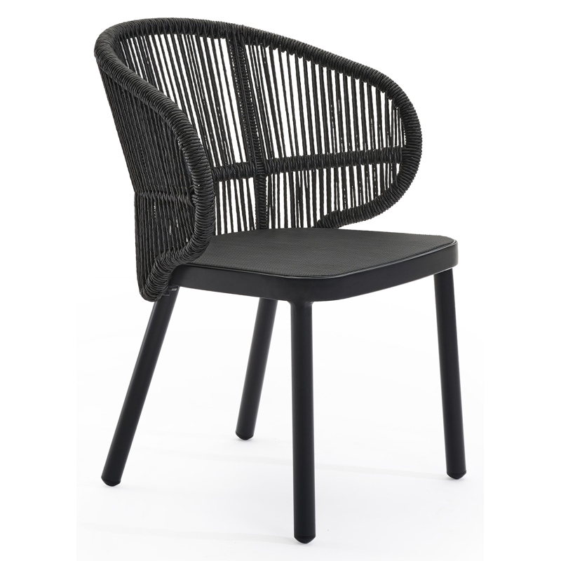 Lugano tuinstoel in zwart aluminium en zwart gedraaide ronde wicker