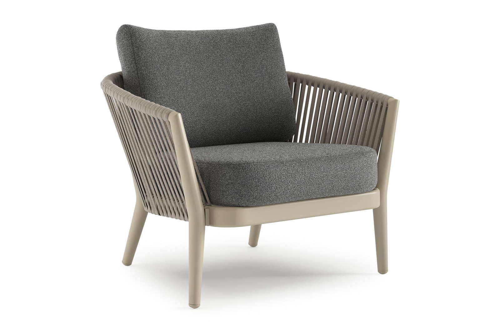 Fauteuil de jardin Orso en aluminium beige en corde luxe plate tissée verticalement beige et coussins en all weather cosytica Catania Black
