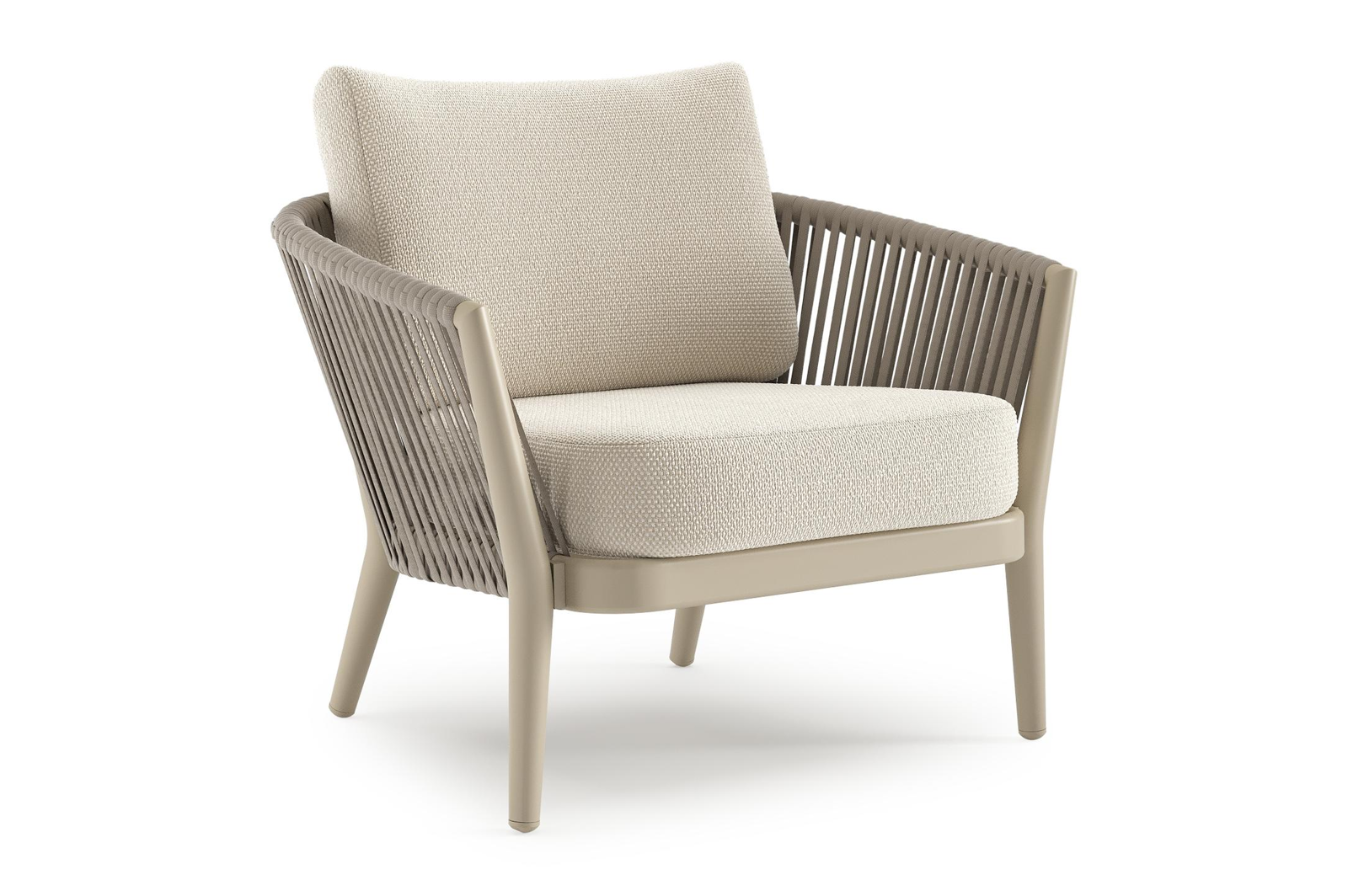 Orso loungestoel in beige aluminium en beige verticaal geweven ronde rope met Althea Off White all weather cosytica kussen