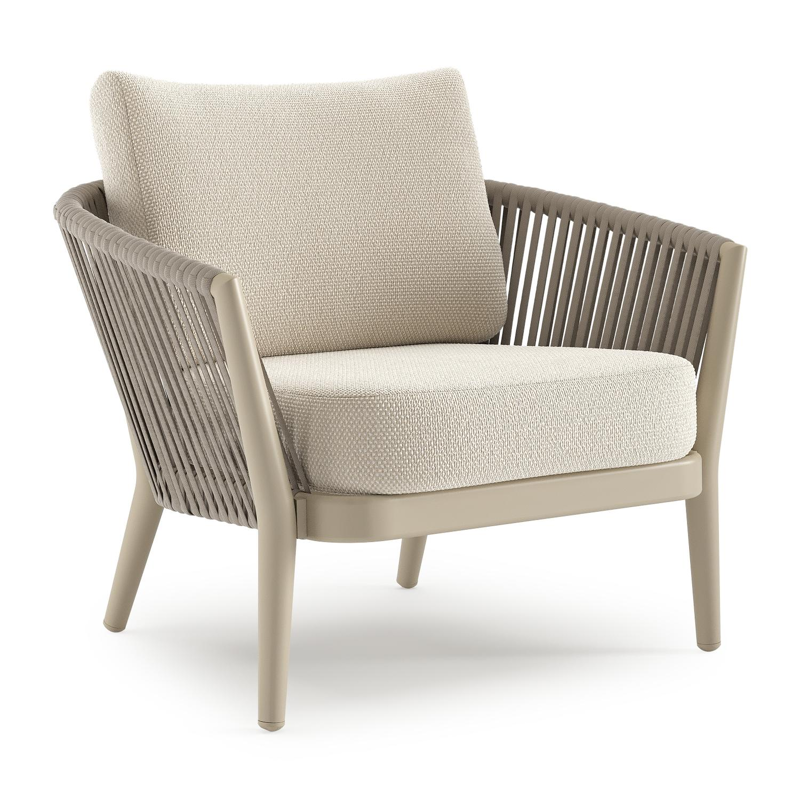 Orso loungestoel in beige aluminium en beige verticaal geweven ronde rope met Althea Off White all weather cosytica kussen