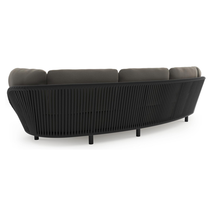 Lupino loungeset in zwart aluminium en zwart verticaal geweven luxe vlakke brede rope met natte dark taupe all weather sunbrella® luxe kussen