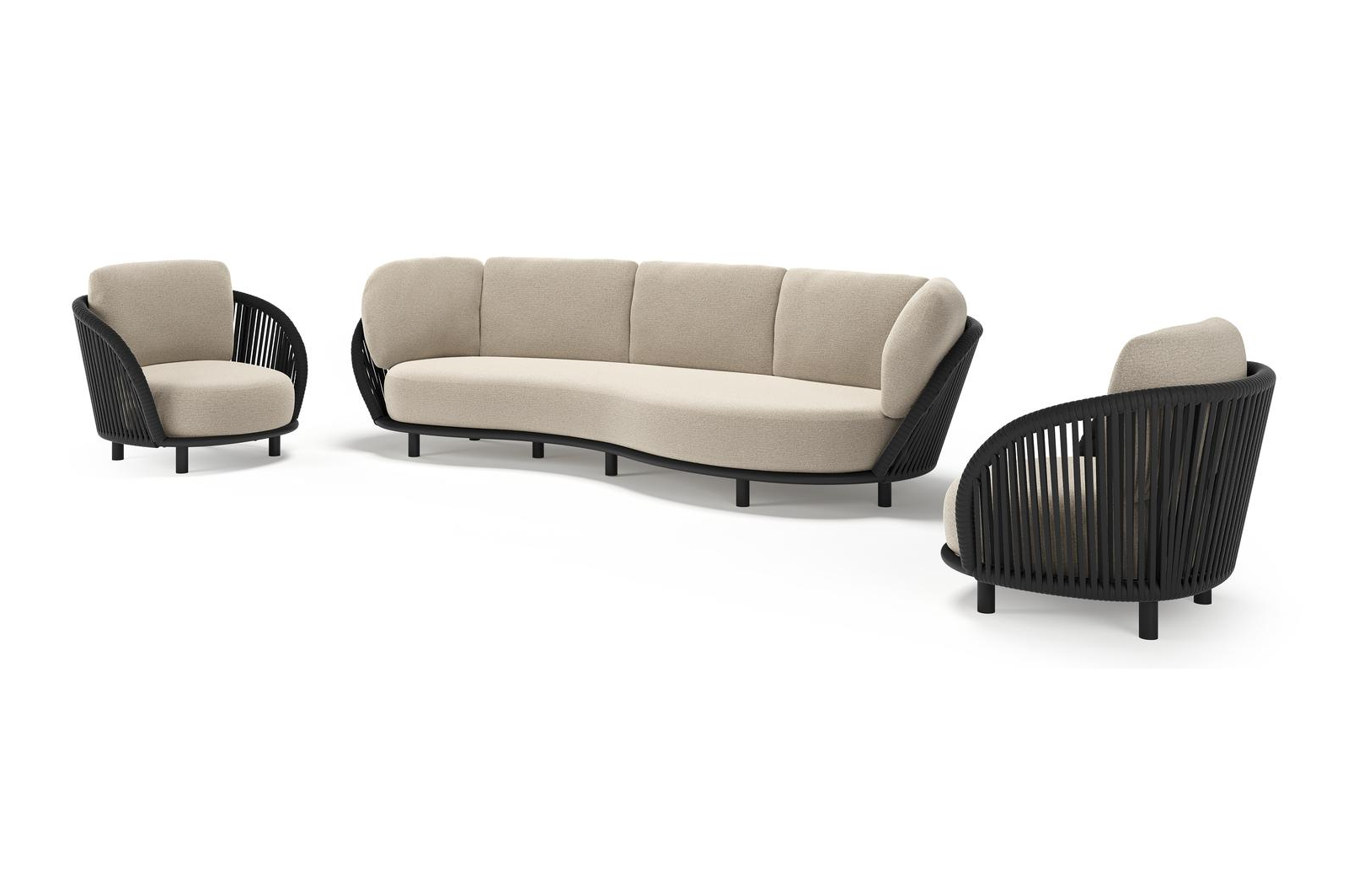 Lupino loungeset in zwart aluminium en zwart verticaal geweven luxe vlakke brede rope met catania sand all weather cosytica kussen