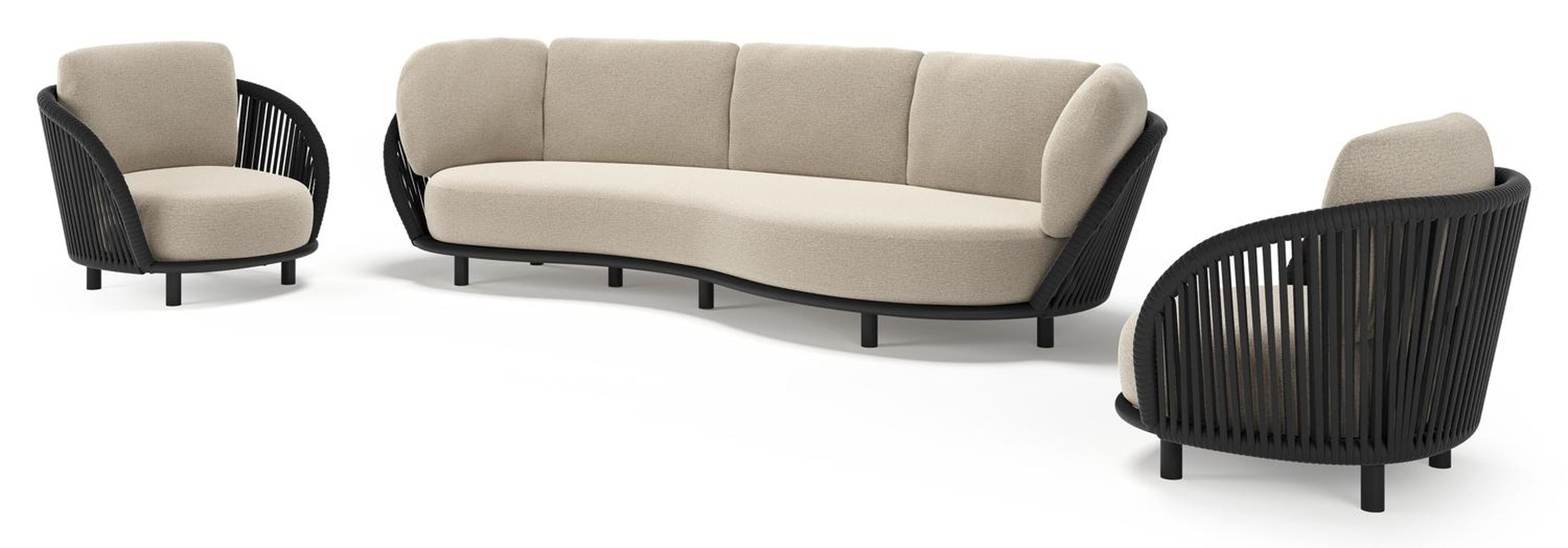 Lupino loungeset in zwart aluminium en zwart verticaal geweven luxe vlakke brede rope met catania sand all weather cosytica kussen