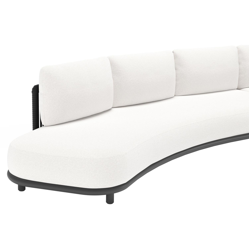 Canapé de jardin Lomano en aluminium noir et corde luxe plate tissée verticalement beige et coussins en all weather solica soul optik