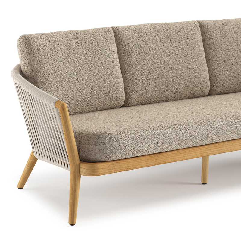 Orso loungebank in teak en beige verticaal geweven luxe vlakke rope met Bora Jungle all weather cosytica kussen